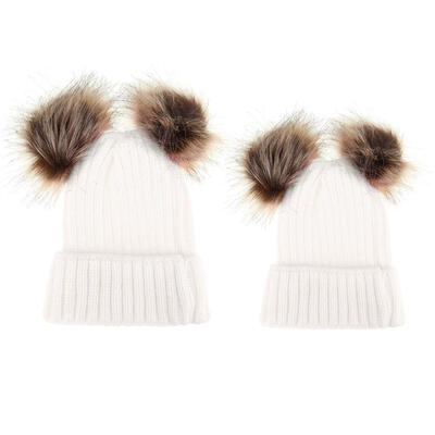 

2pcs Parent-offspring Cap Cute Baby Mom Pompon Winter Warm Knit HatWhite