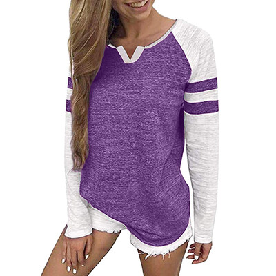 

Nomeni Womens Casual V Neck Patchwork Tee Shirts Tops Tunic Long Sleeve Blouse BKL