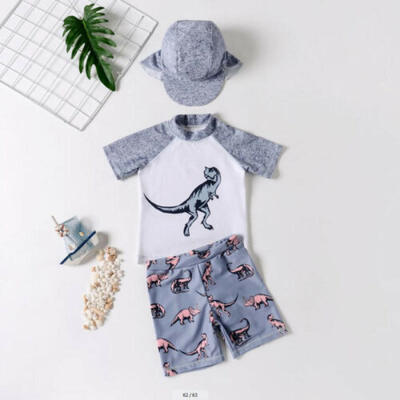

UK Stock Baby Kids Boy Dinosaur Beach Swimwear Swimsuit Swimming OutfitsHat Set