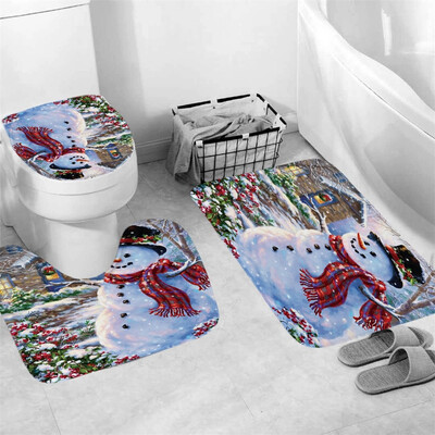 

Gobestart 3Pcs Christmas shower Curtain Bathroom Anti-slip Carpet Rug Toilet Cover Mat Set