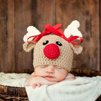 

Cute Newborn Infant Baby Knit Crochet Hat Christmas Deer Photo Prop Costume Cap