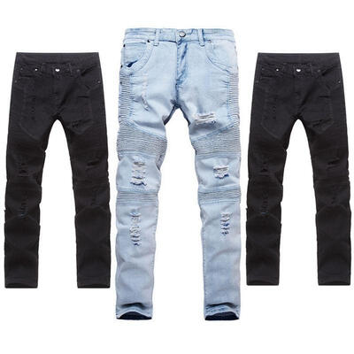 

Men&39s Ripped Skinny Biker Jeans Destroyed Frayed Designed Slim Fit Denim Pants