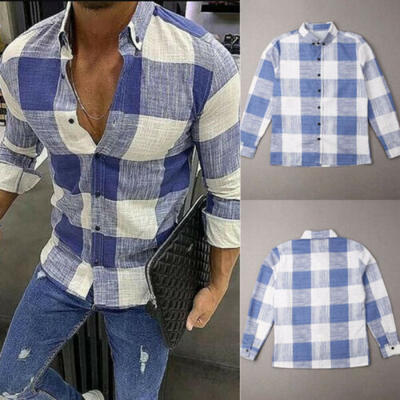 

Mens Cotton Linen Long Sleeve Shirt Loose Casual Plaid Shirt Tops Large Size