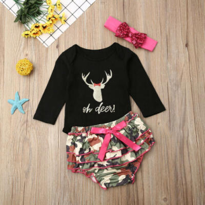 

Cute Newborn Baby Girls Long Sleeve TopsCamouflage ShortsHeadband Outfits Set