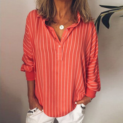 

Womens Casual Loose V-neck Tops Striped Print Loose Bat Sleeve Solid Color