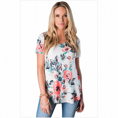 

Round neck short sleeve floral print tube casual top T-shirt