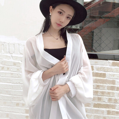 

Chiffon Drawstring Bandage Cover Up Blouse Thin Sunscreen black Loose Casual long Sleeve Open Stitch Shirt Tops Lady