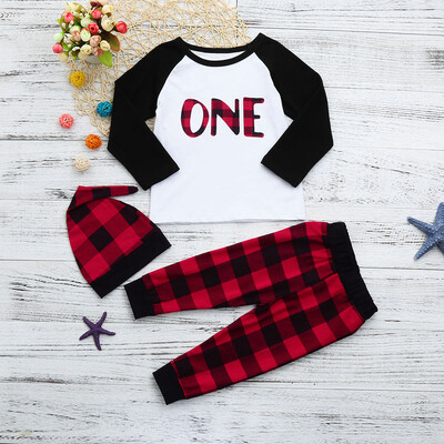 

Toddler Baby Boys Plaid Splice Clothes Letter Blouse TopsPants Hat Set Outfits