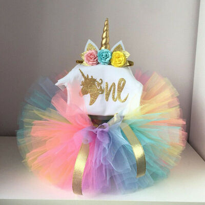 

3PCS Baby Girl 1st Birthday Outfit Party Unicorn Romper Cake Smash Tutu Dress