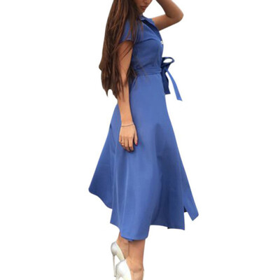 

Women Office Lady Chiffon Lapel Button Lace Up Solid Color Long Shirt Spring Summer Short Sleeve Maxi Dress