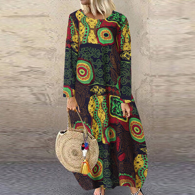 

Tailored Women Plus Size Ladies Vintage Print Slim Long Sleeve Casual Long Dress