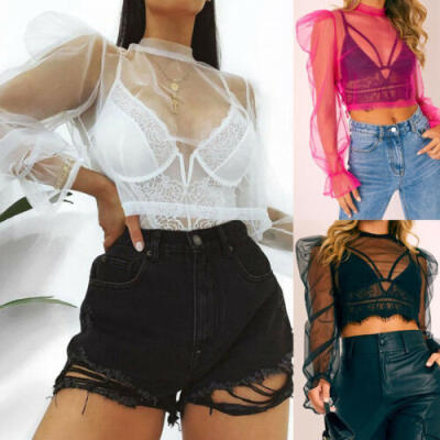 

CA Women Sexy Sheer Summer See Through Top Mesh Long Sleeve T-shirt Blouse Shirt