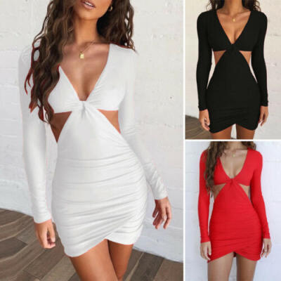 

Womens Autumn V Neck Long Sleeve Bodycon Party Club Wrap Mini Dress Sexy