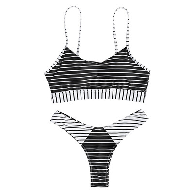 

Sexy Spaghetti Strap Color Blocking Striped Print Padded Backless Low Waist Women Bikini Set