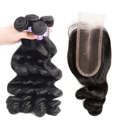 

Brazilian Human Hair Extensions Loose wave Hair 4pcs Hair Bundles with Closure