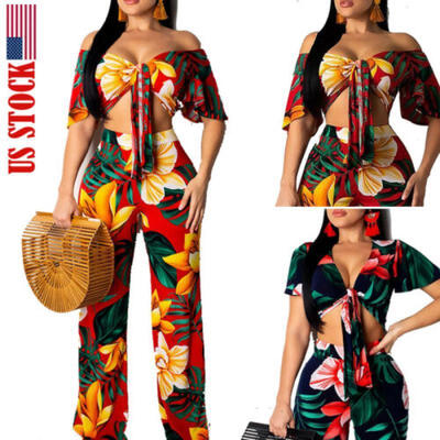 

USA Sexy Two Piece Set Women V Neck Bow Tie Crop Top And Loose Wide Leg Pants