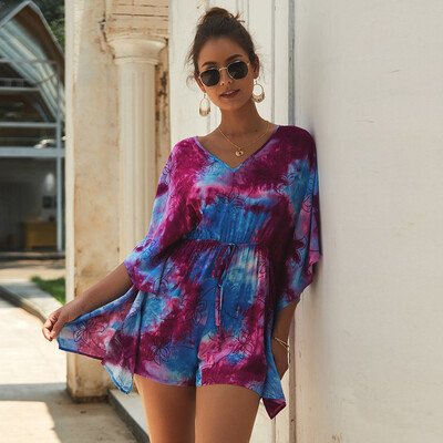 

Starmoon Women Fashion Boho Casual Dye Print Short Sleeve Ladies V-Neck Short Jumpsuits