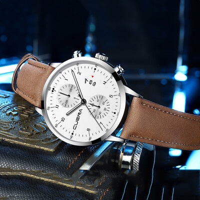 

Gobestart CUENA Mens Business Leath Belt Watch Three Eyes Six-Piece Calendar Quartz Watch