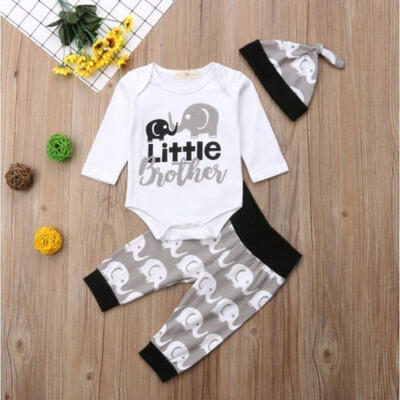 

3Pcs Newborn Baby Boy Little Brother Tops Romper Elephant Pants Outfits Clothes