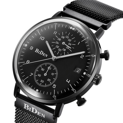 

Biden Biden Mens Calendar Slim Mesh Waterproof Three-Eyed Watch