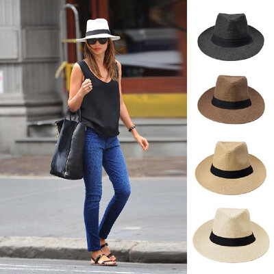 

Fashion Men Women Panama Sun Straw Hat Contrast Ribbon Pinched Crown Rolled Trim Beach Cap