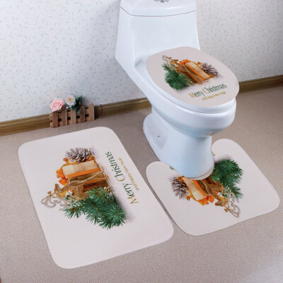 

Toponeto 3PCS Christmas Bathroom Non-Slip Pedestal Rug Lid Toilet Cover Bath Mat Set