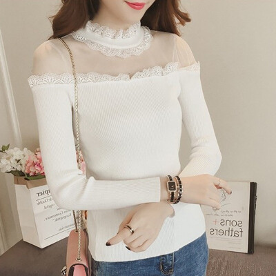 

Elegant Knitted Women Sweaters Fashion Sexy Lace Mesh Off Shoulder Sweater Tops Female Casual Solid Long Sleeve O-Neck Sweater