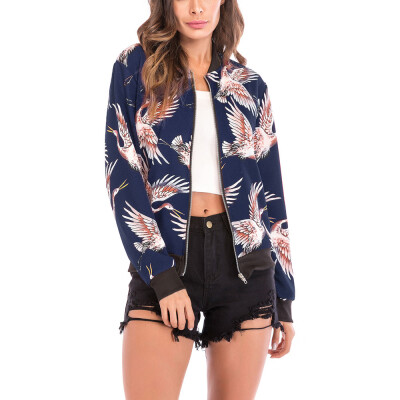 

Toponeto Womens Bird Print Blouse Fashion Baseball Coat Zipper Jacket