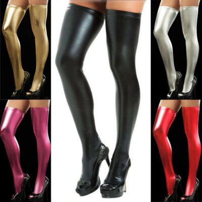 

Women Wet Look PU Leather Hold-Ups Thigh High Stockings Sexy Stay-Up Leggings CU