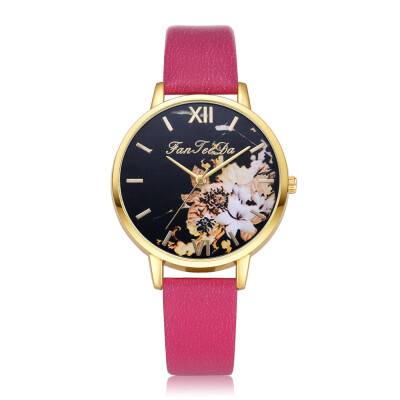 

Hot Selling Women Watches Golden Border Plant Dial Quartz Wristwatch Simple Ladies Leather Strap Clock Relojes Para Mujer