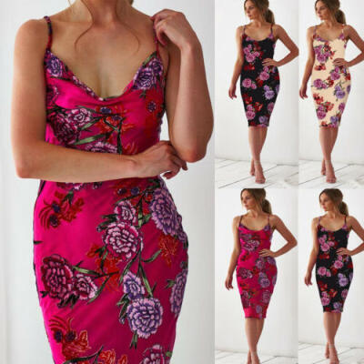 

Womens Holiday Strappy Midi Rose Dress Summer Beach Side Split Sun Dresses USA
