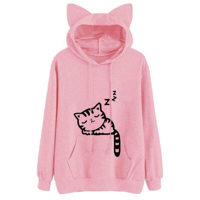 

Fashion Womens Cat Printed Long Sleeve Hoodies Pullovers Autumn Winter Cat Ear Hooded Sweatshirts Tops