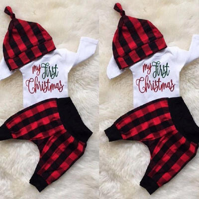 

Newborn Infant Baby Boy Xmas Romper Plaid Pants Hat 3pcs Clothes Outfit Set