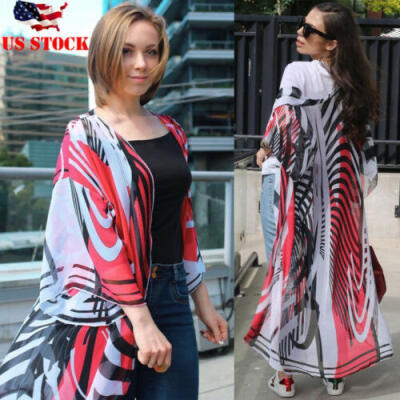 

Women Long Flared Sleeve Skull Print Kimono Chiffon Cardigan Beach Cover Up Tops