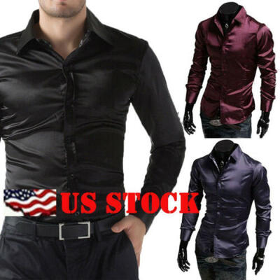 

Silk Satin Men Slim Fit Shirts Long Sleeve Dress Shirt Casual T-Shirt Wedding