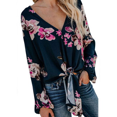 

Womens Autumn Loose Tops Casual V-neck Long Sleeve Printed Tie Up Silky Shirts