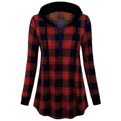 

Starmoon Women Hooded Zipper Plaid Hooded Sweater V-Neck Shirt And Casual Top Blouse