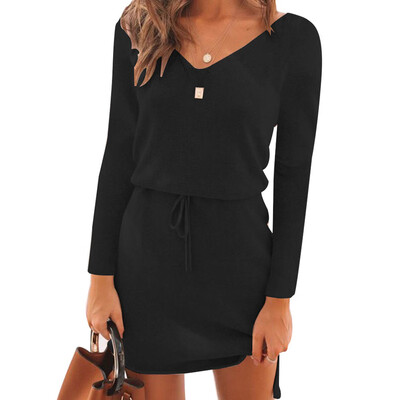 

Women Casual Solid Color V Neck Dress Short Dress Autumn And Winter Knitted Dress