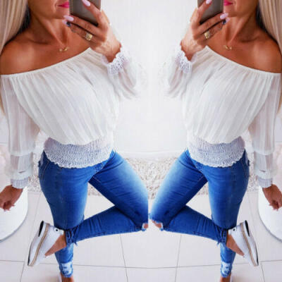 

Womens Off Shoulder Tops Blouse Long Sleeve Pleated Casual Fashion Loose Shirt