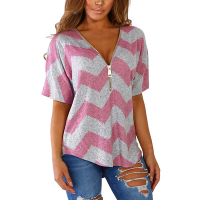 

Womens V Neck Geometric Print Zipper Short Batwing Sleeve T-Shirt