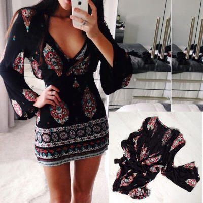 

Womens Deep V Neck Long Sleeve Dresses Cocktail Party Evening Exotic Charm Skirt