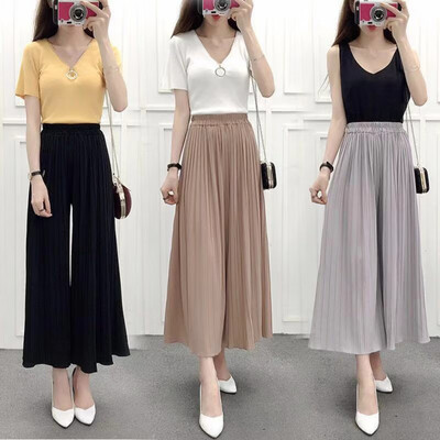 

Women Sweet Pleated Loose Thin Wide Leg Pants Cotton Blend Nine Thin Section Breathable Casual Nine Pants