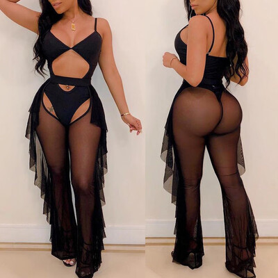 

Women Beach Mesh Ruffle Sheer Wide Leg Pants Trousers Bikini Cover Up