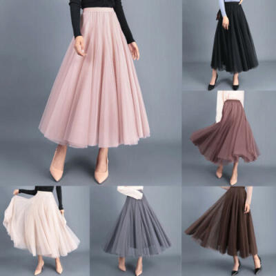 

New Women Retro Chiffon Pleated Double Layer Skirt Long Elastic Waist Maxi Dress