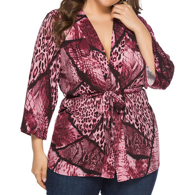 

Roseonmyhand Fashion Women Casual Plus Size Snake Print Belted Three Quarter Loose Tops