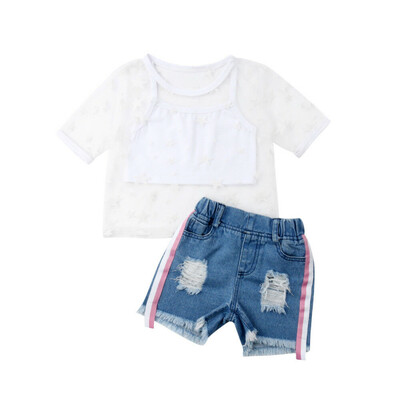 

Cute Kids Baby Girl Star Tulle Vest Tops Denim Shorts 2PCS Outfit Clothes Summer