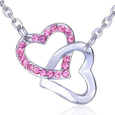 

Women Fashion 925 Sterling Silver Austria Pink Crystal Suit Double Heart Pendant Necklace Jewelry Gifts