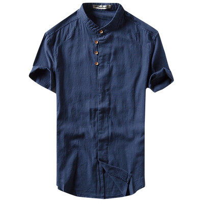 

Toponeto Mens Causal Shirt Short Sleeve Top Button Linen Solid Color Loose Blouse