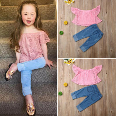 

US Toddler Kids Girls Newborn Clothes Off Shoulder Lace Tops Denim Pants Outfits