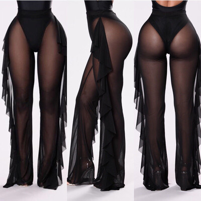 

Sexy Women Beach Mesh Ruffles Sheer Wide Leg Pants Bikini Cover Up Trousers Mesh Sheer See Through Plus Size Swimwear